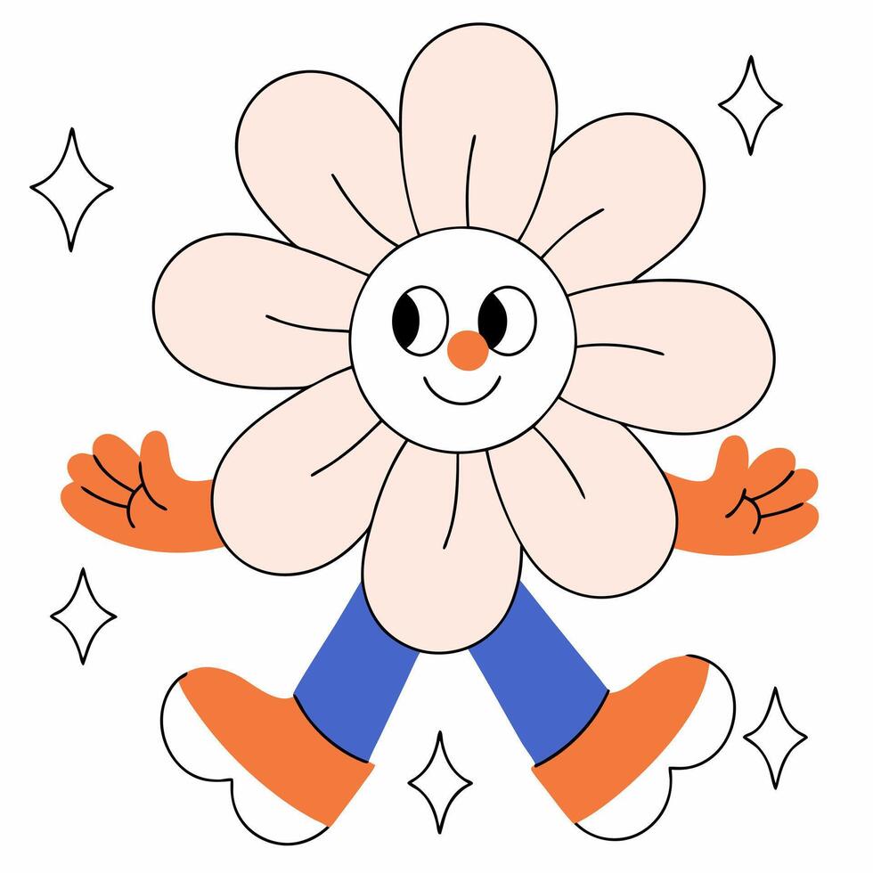 Groovy Flower Power Cartoon Character with Retro Style, Expressing Happiness, Surrounded by Sparkling Stars on a White Background vector