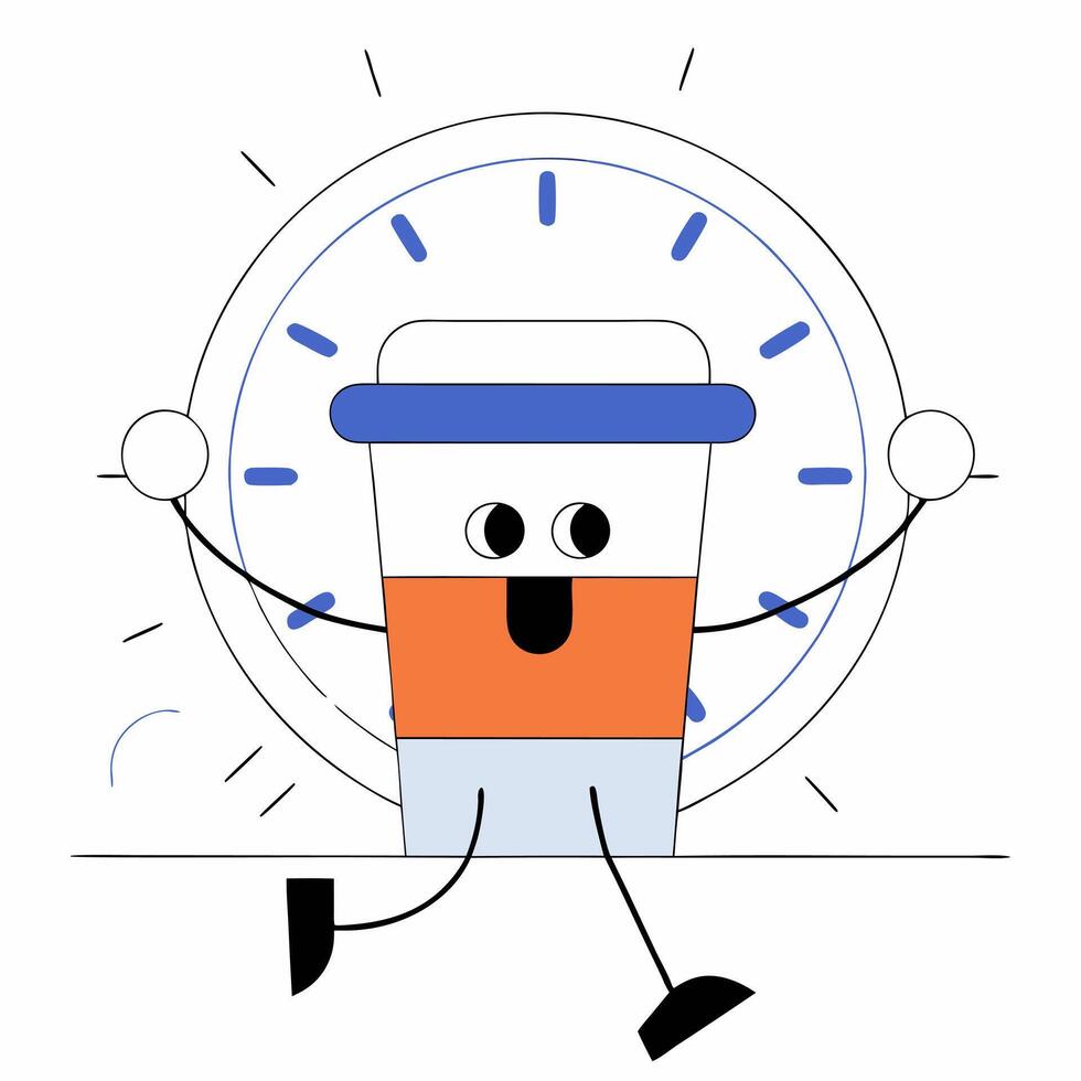 Cartoon Coffee Cup Character with Clock, Holding Hands Up, on White Background, Minimalist Design vector