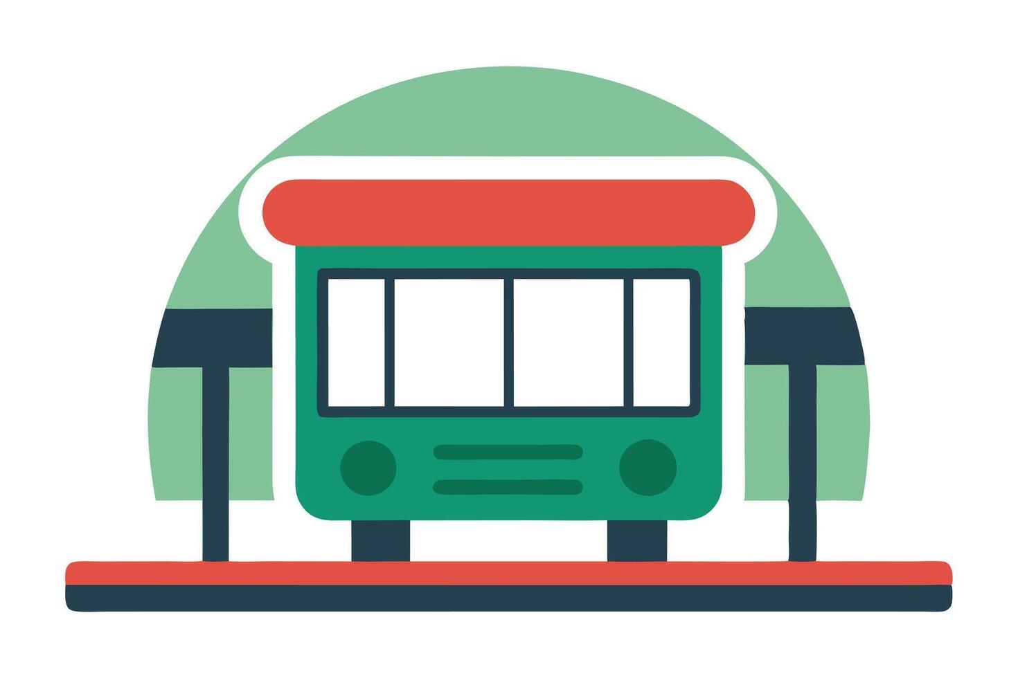Flat Design Green Bus, Minimalist Retro Vehicle with Red Top, Isolated on White vector