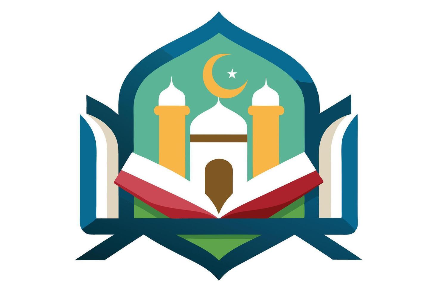 Flat Design Mosque with Open Book, Crescent Moon, Star on a White Background Icon vector