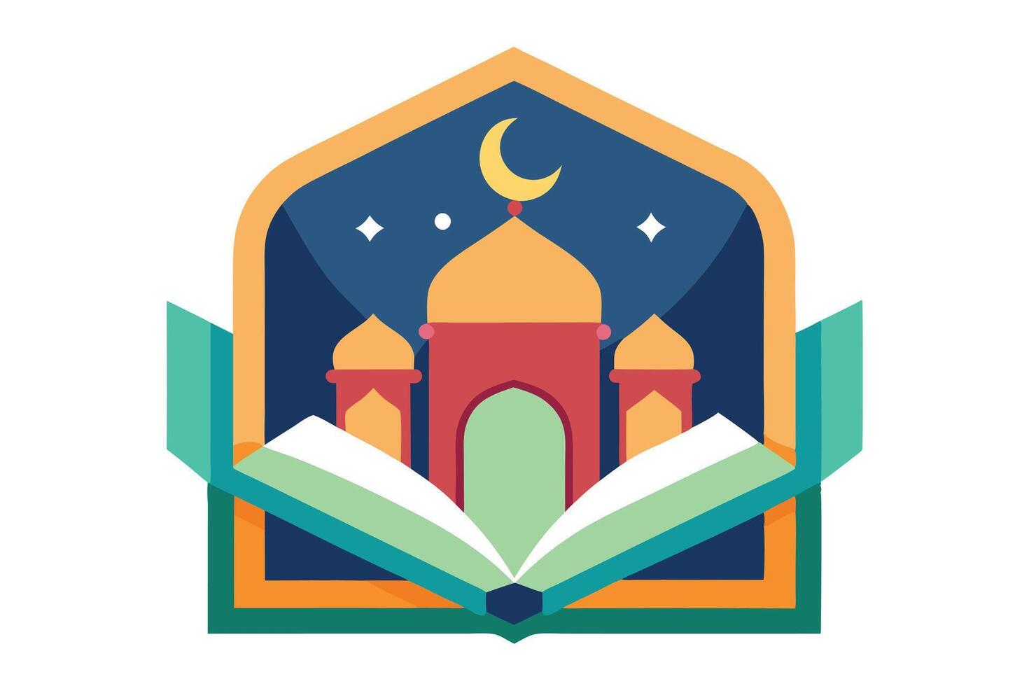 Flat of Mosque with Crescent Moon and Open Book with Transparent Background vector