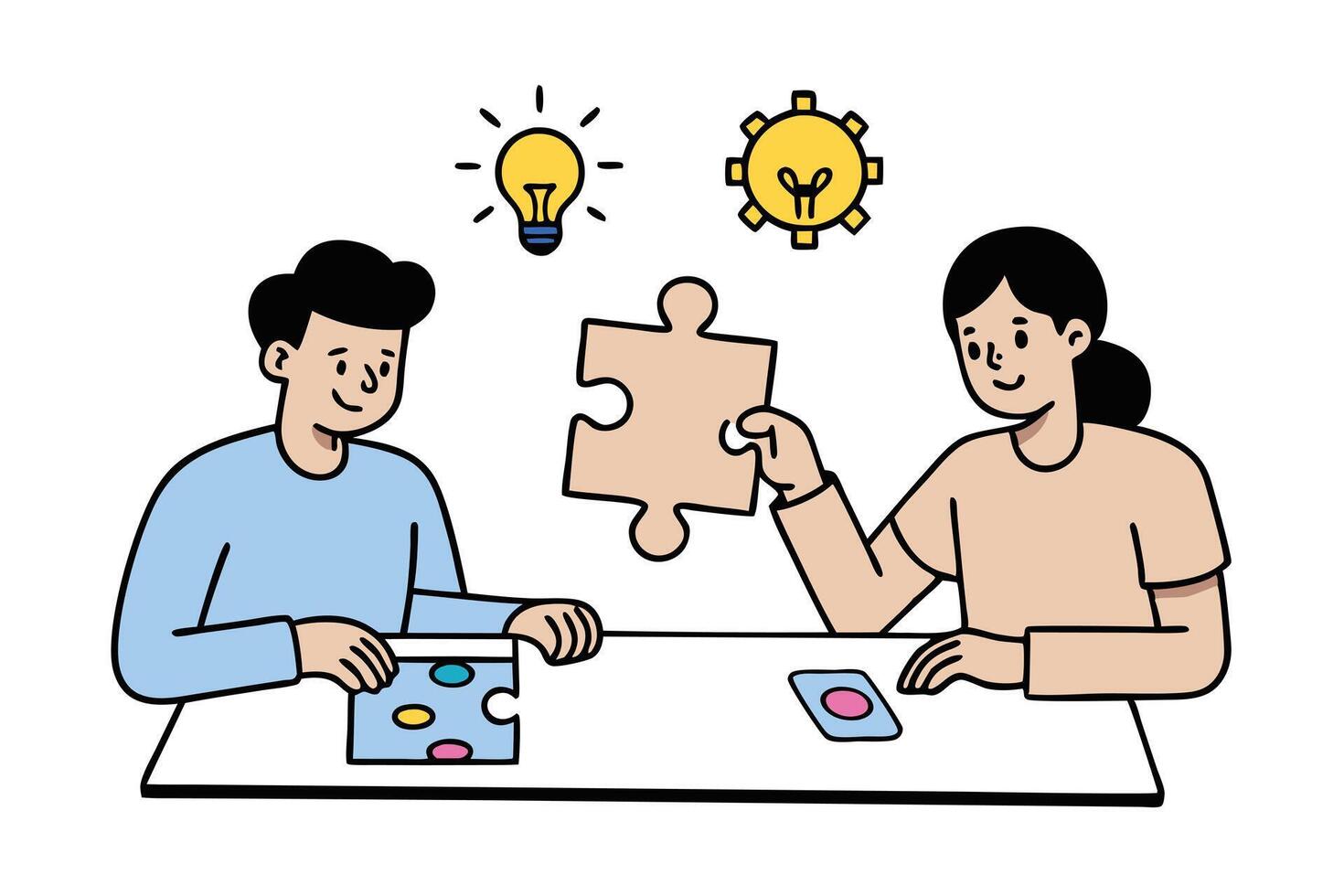 Cartoon Man and Woman Matching Puzzle Pieces with Lightbulb Idea above Them vector