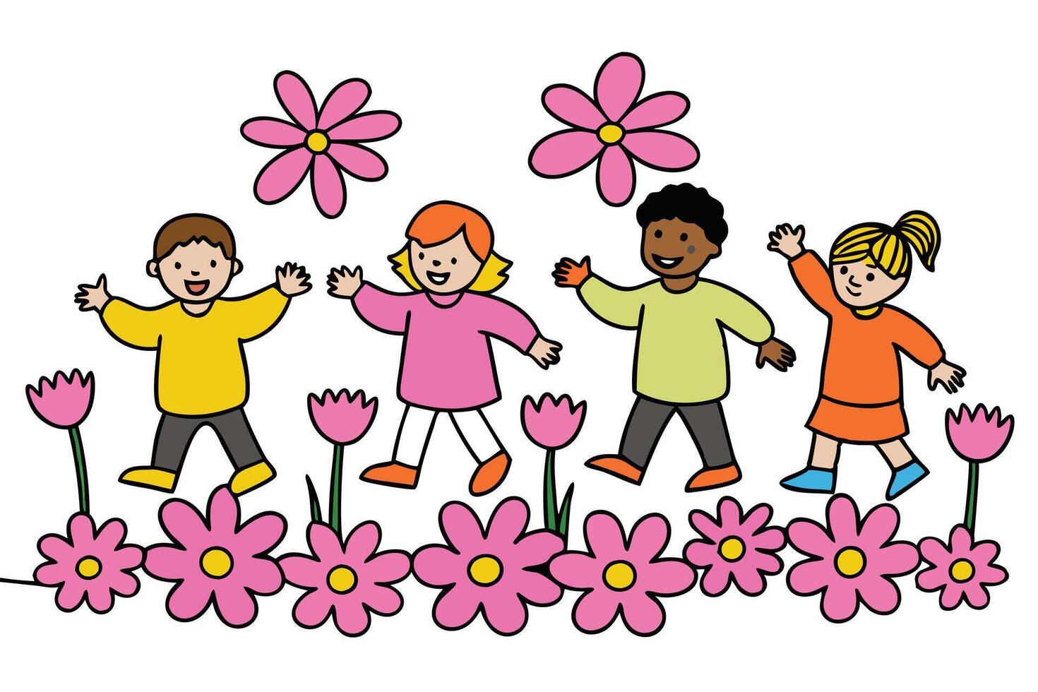 Cartoon Multiethnic Children Walking in Pink Flower Garden on White Background vector