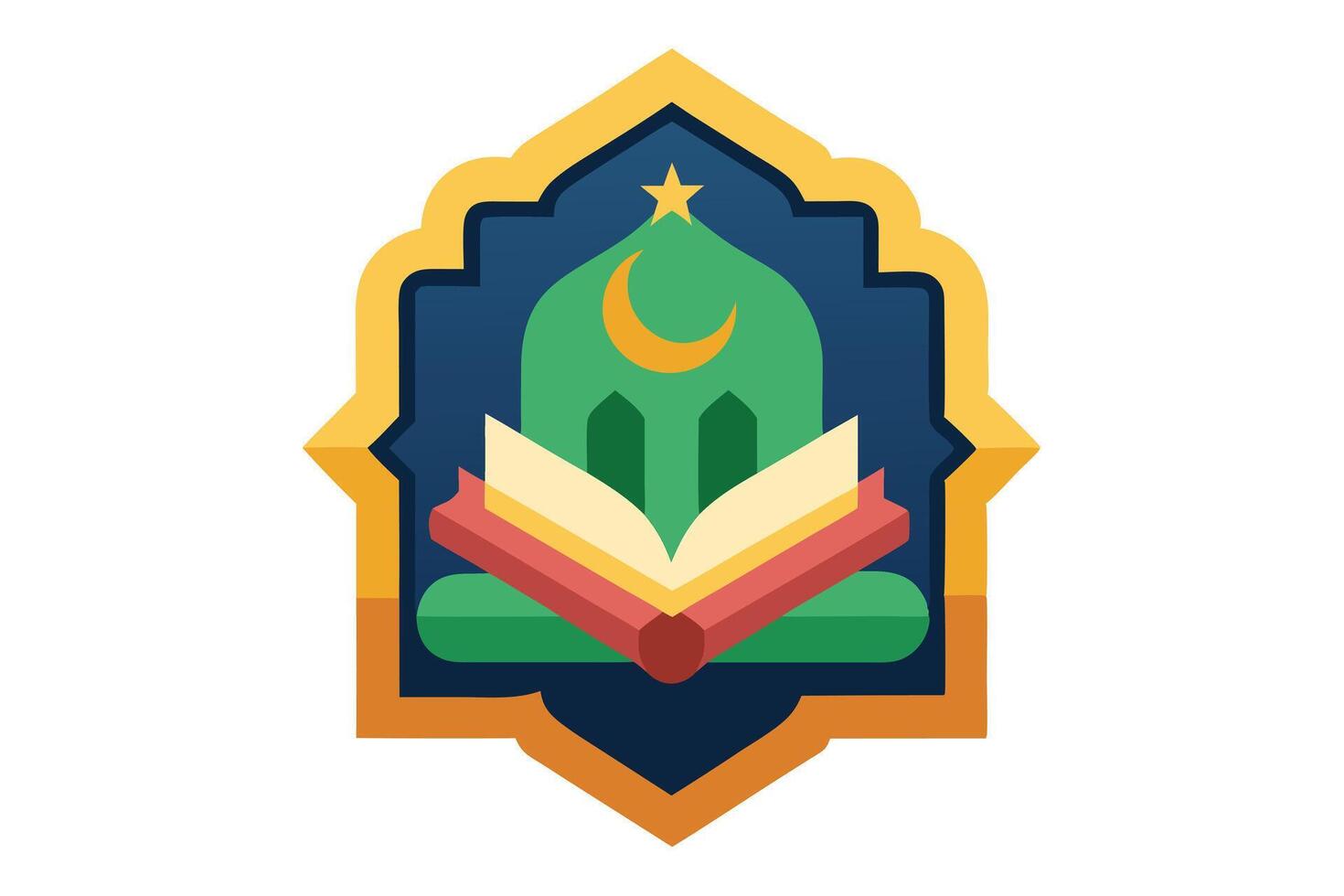 Green Islamic Design Icon with Open Book, Crescent Moon, Star in Golden Border vector