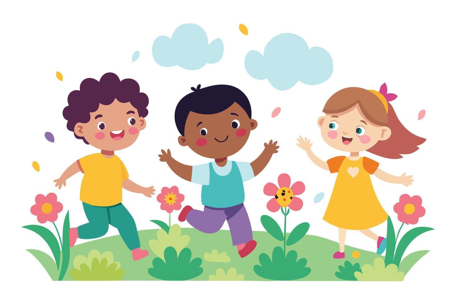 Diverse Children Running Joyfully in Cartoon Style on a Playful White Background vector
