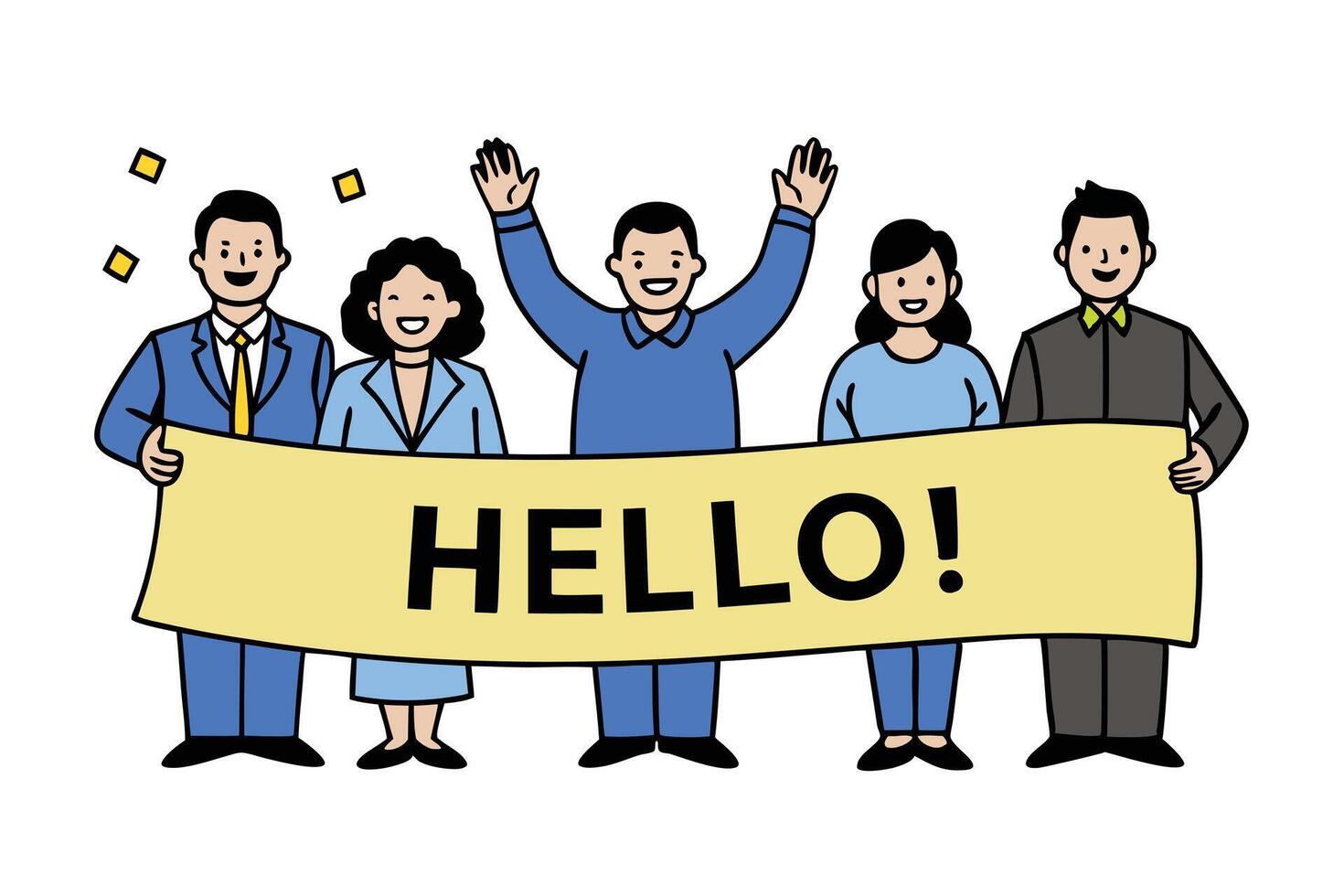 Diverse Line Art People Holding Hello Banner. Cheerful Group in Cartoon Style vector
