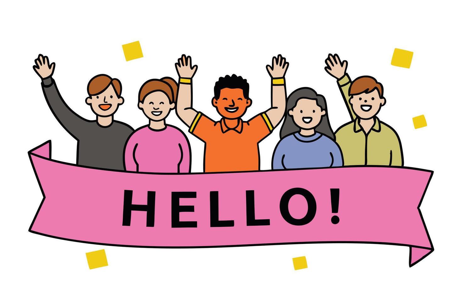 Cartoon Diverse Group Waving Hello Behind Pink Ribbon Banner with Yellow Confetti vector