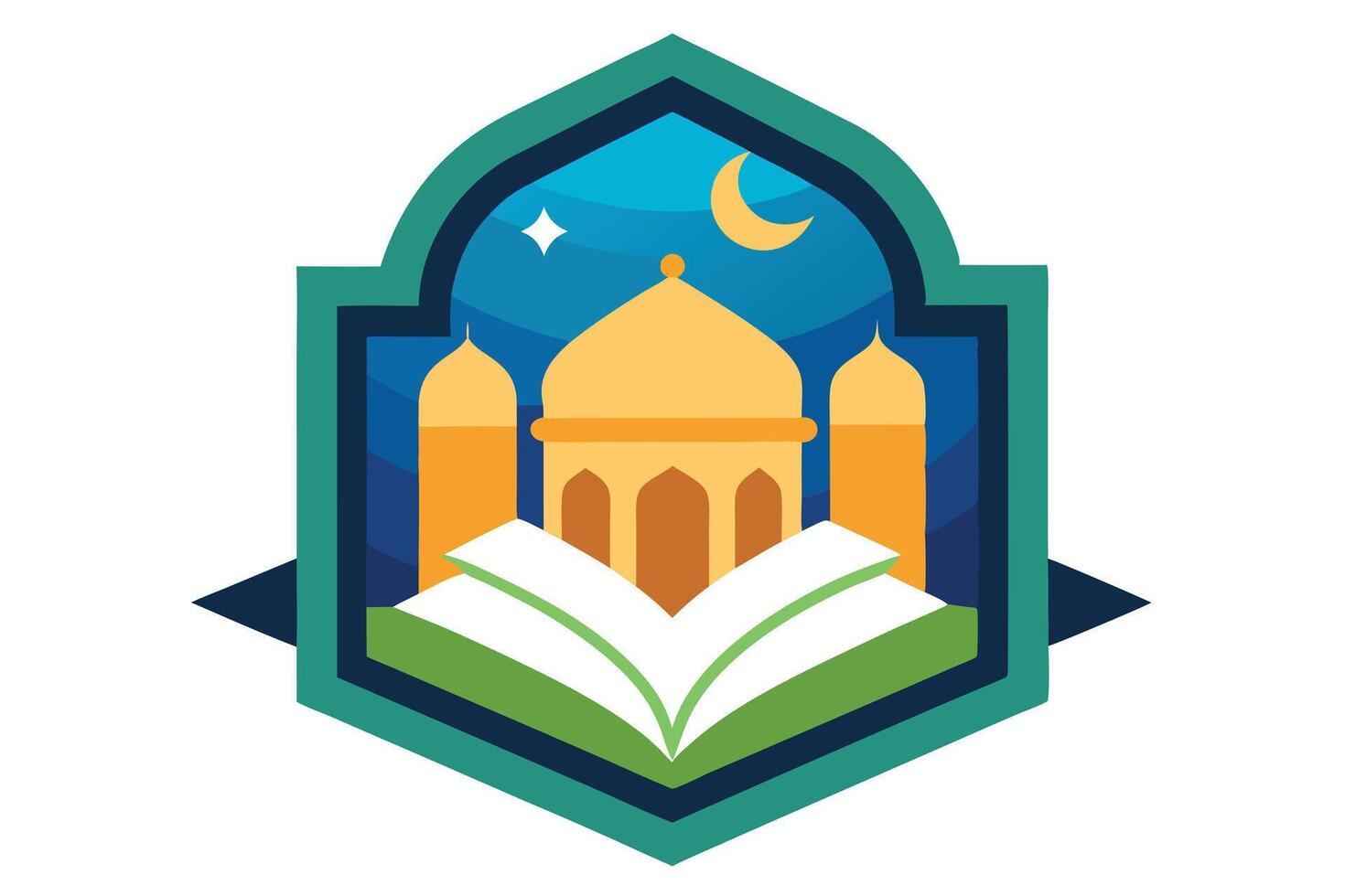 Islamic Building with Geometric Frame, Star, Moon, and Open Book on White vector