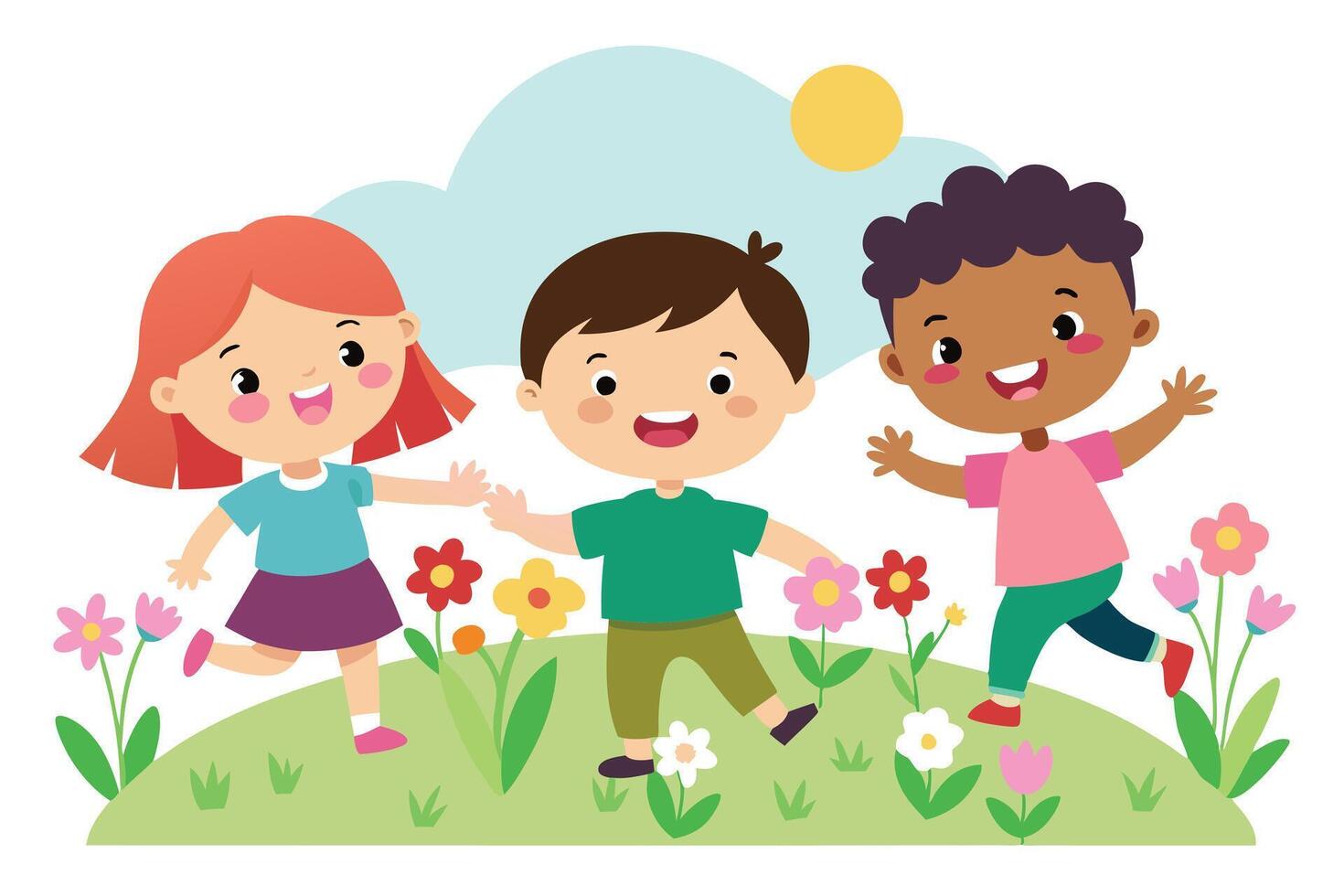 Cheerful Multiethnic Children Running in Meadow with Flowers Under Blue Sky vector