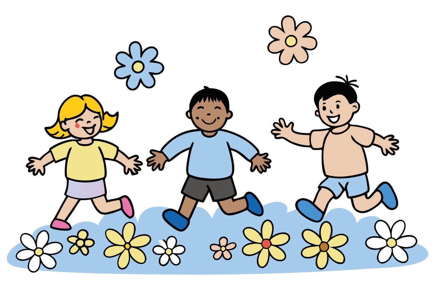 Cartoon Children Running, Girl with Blond Hair, Boys Smiling, Flowers, Joyful vector