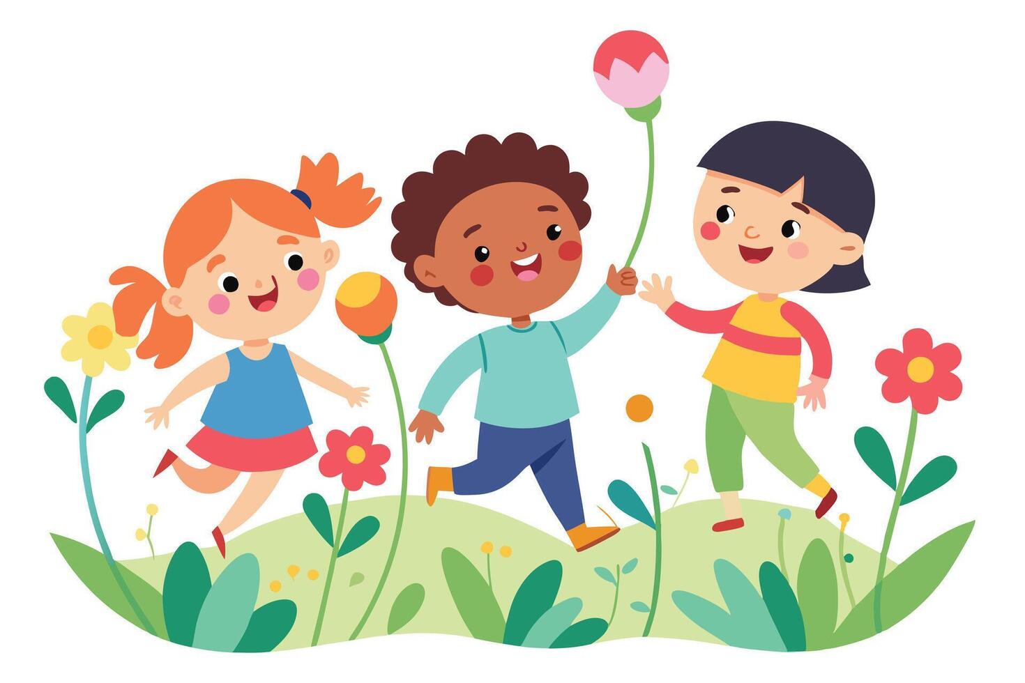 Joyful Cartoon Children Running Through Meadow with Flowers on White Background vector