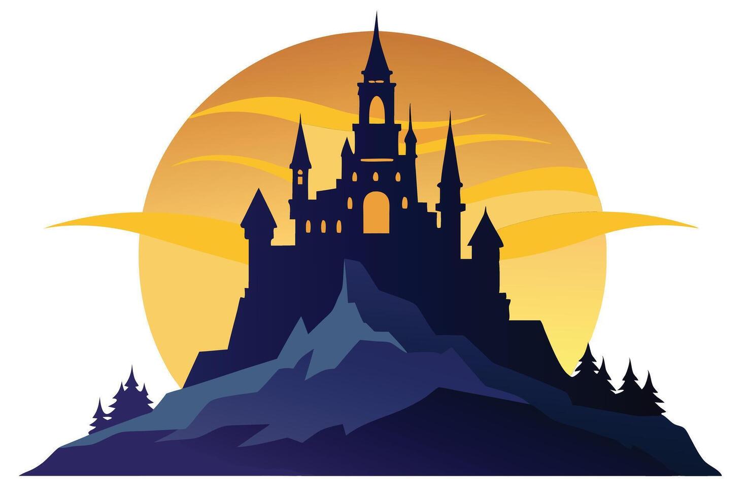 Fantasy Dark Castle Silhouette on Mountain Landscape with Orange Sun vector