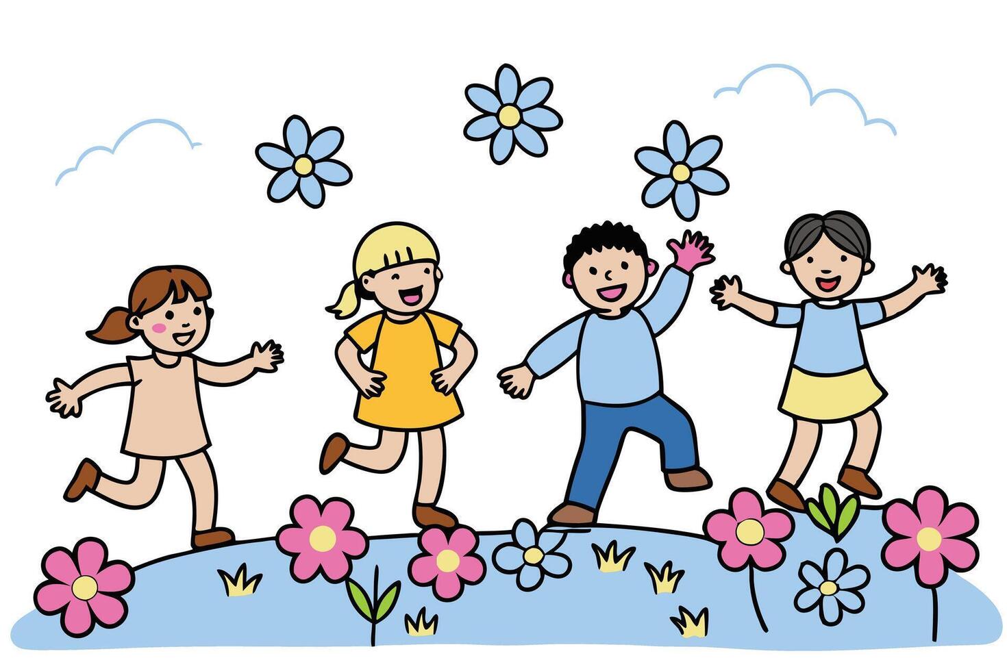 Cartoon Kids Walking Over Flower Hill with Sky Background vector