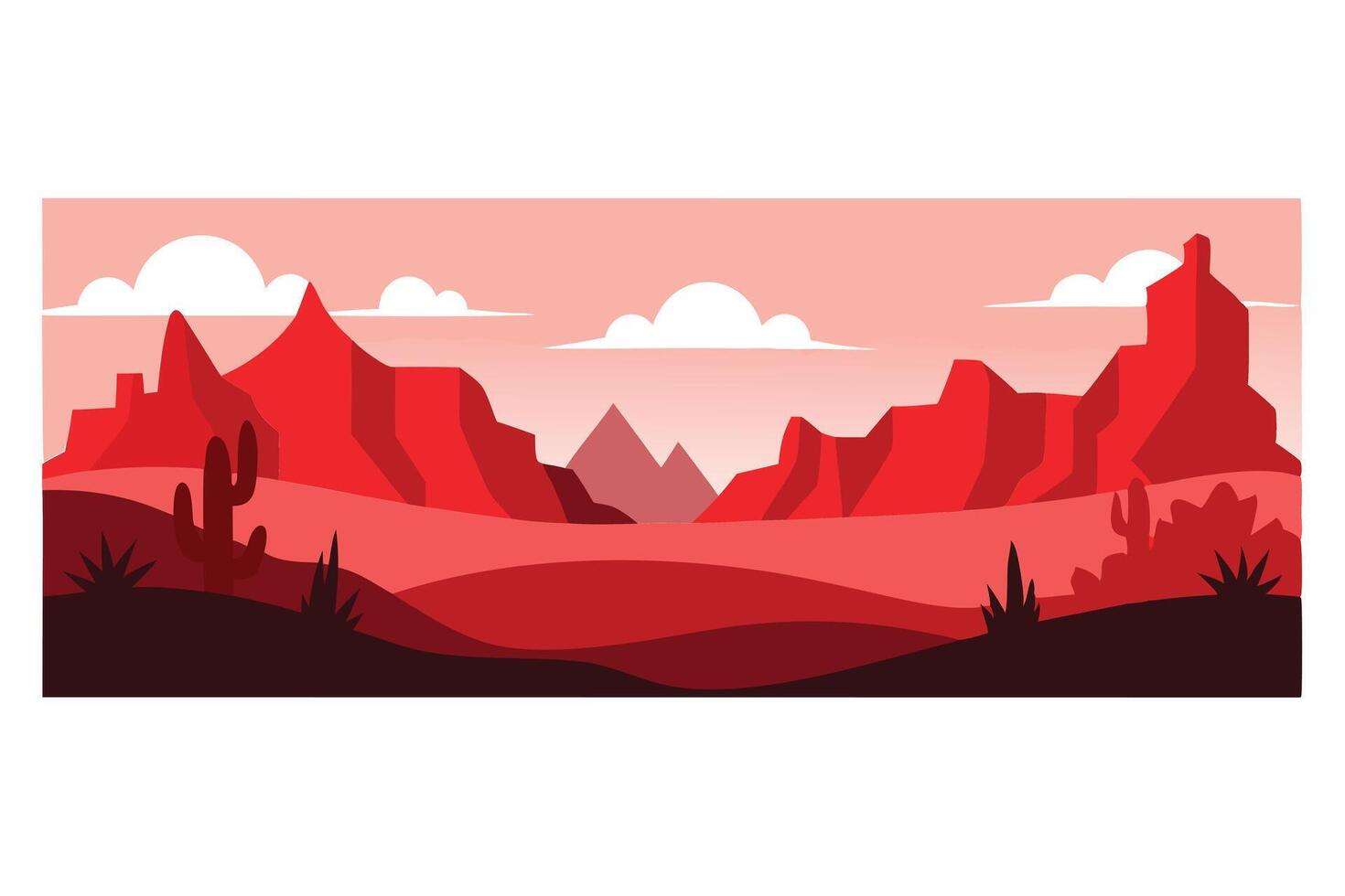 Red Desert Landscape, Mountains, Cactus Silhouette with Sky in Flat Style vector