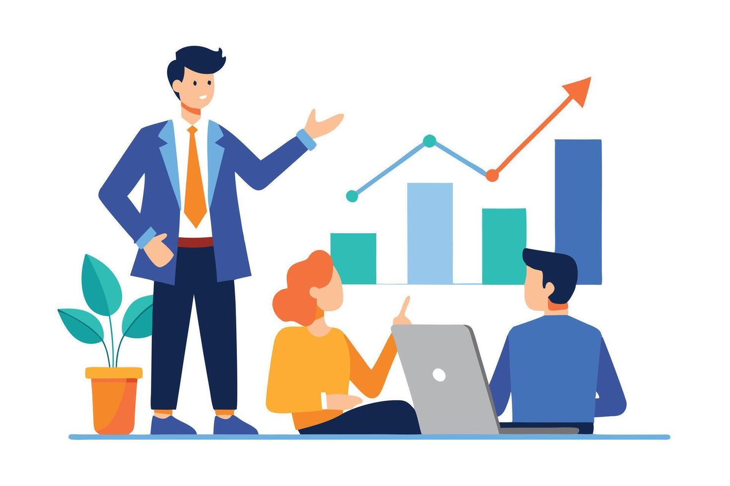 Presenter Discussing Growing Trend with Team in Flat Design vector