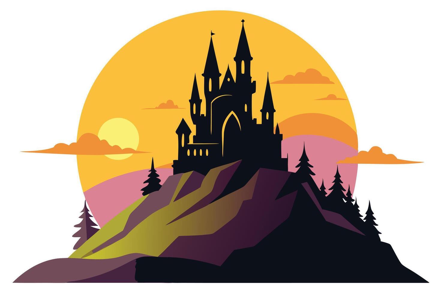 Stylized Silhouette Castle on Hill Against Sunset Sky with Forest Trees vector