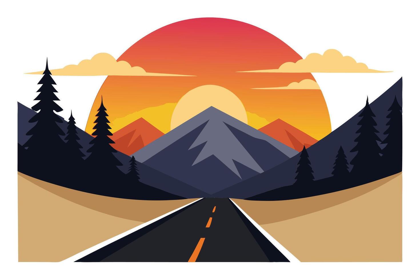 Mountain Landscape with Asphalt Road, Pine Trees and Sunset Sky Flat Style vector