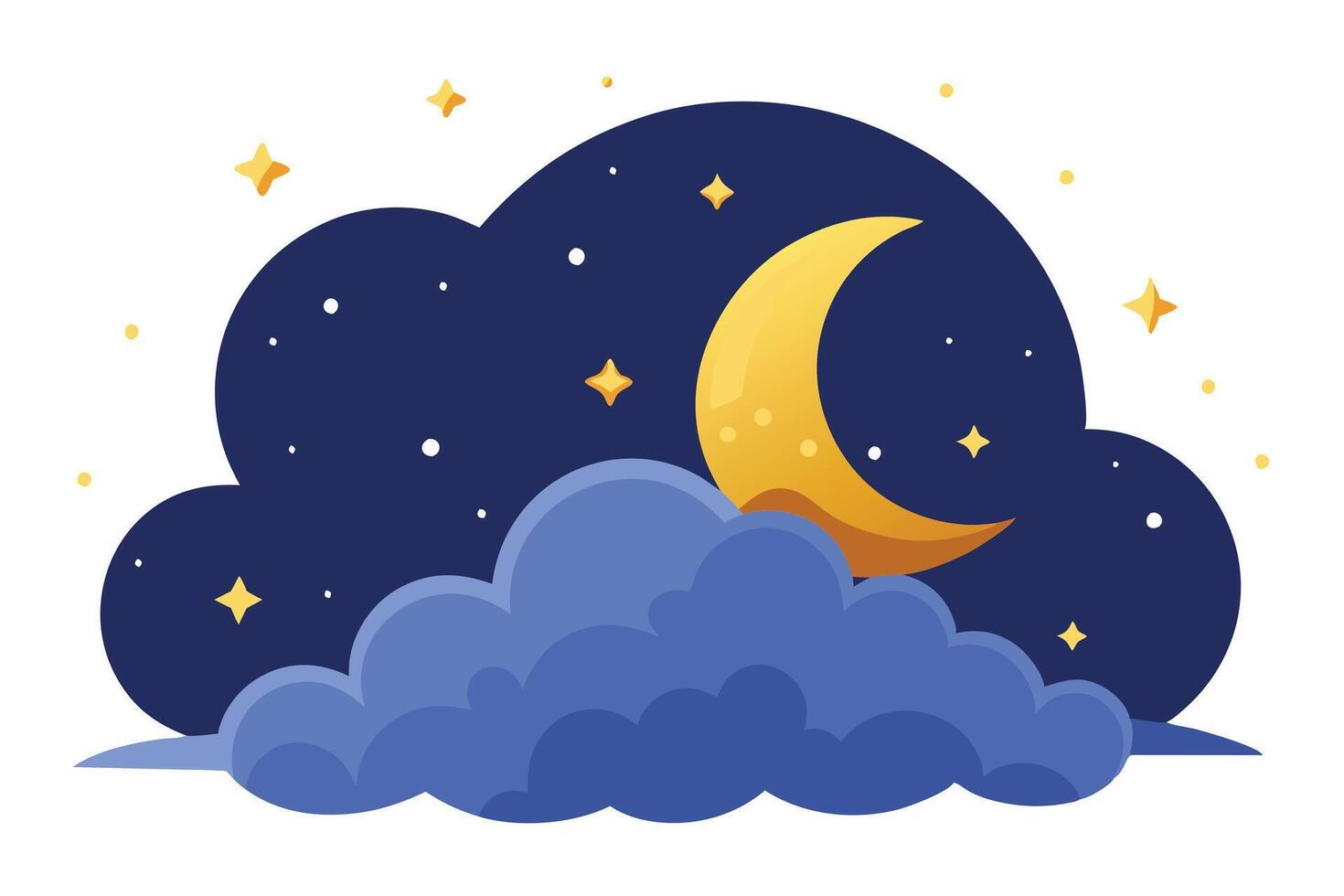 Crescent Moon, Stars, and Clouds in a Stylized Night Sky with Transparent Background vector