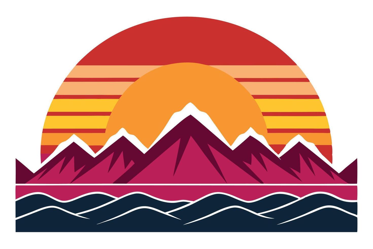 Stripped Sunset Over Majestic Mountains and Wavy Water Design vector