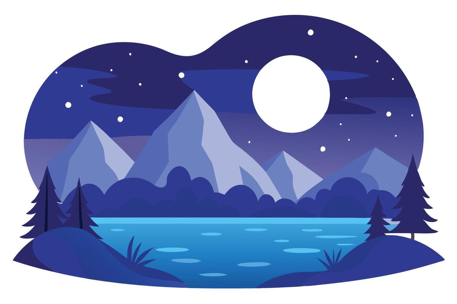 Stylized Mountain Lake with Full Moon at Night in Blue and Light Blue Colors vector