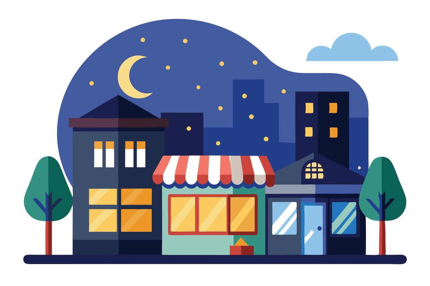 Cartoon Night Cityscape with Crescent Moon, Trees, and Buildings Flat Design vector