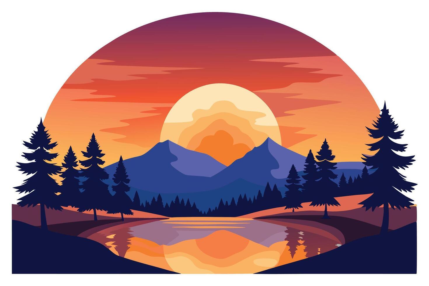 Scenic Pine Forest Silhouette at Sunset Reflected in Calm Lake Waters vector