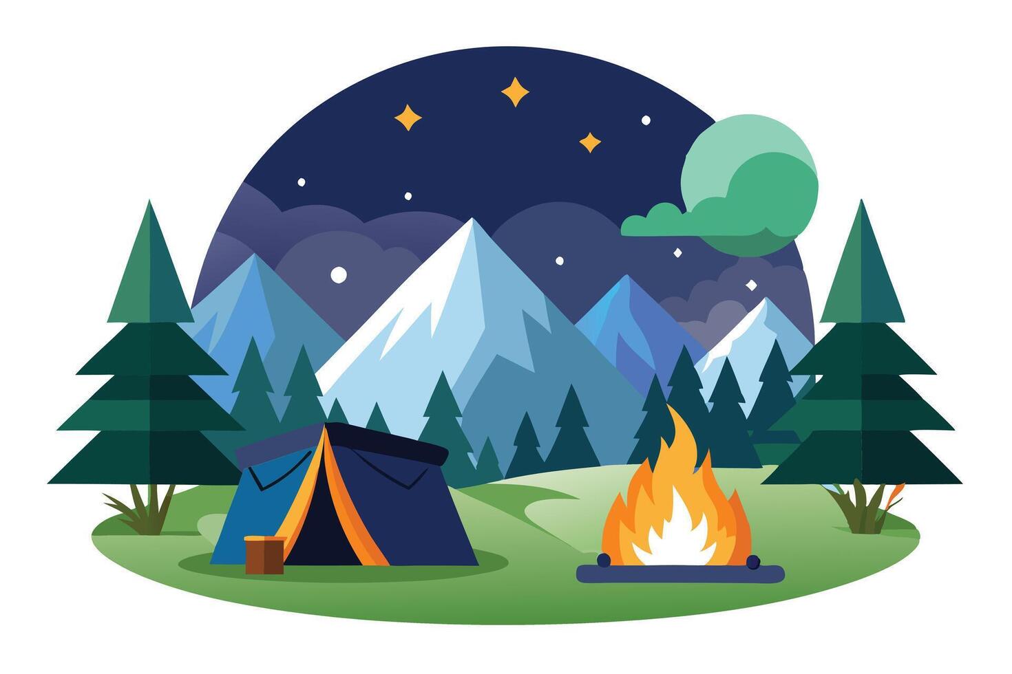 Campfire Tent Under Starry Night Sky with Mountain Views in Flat Design Style vector