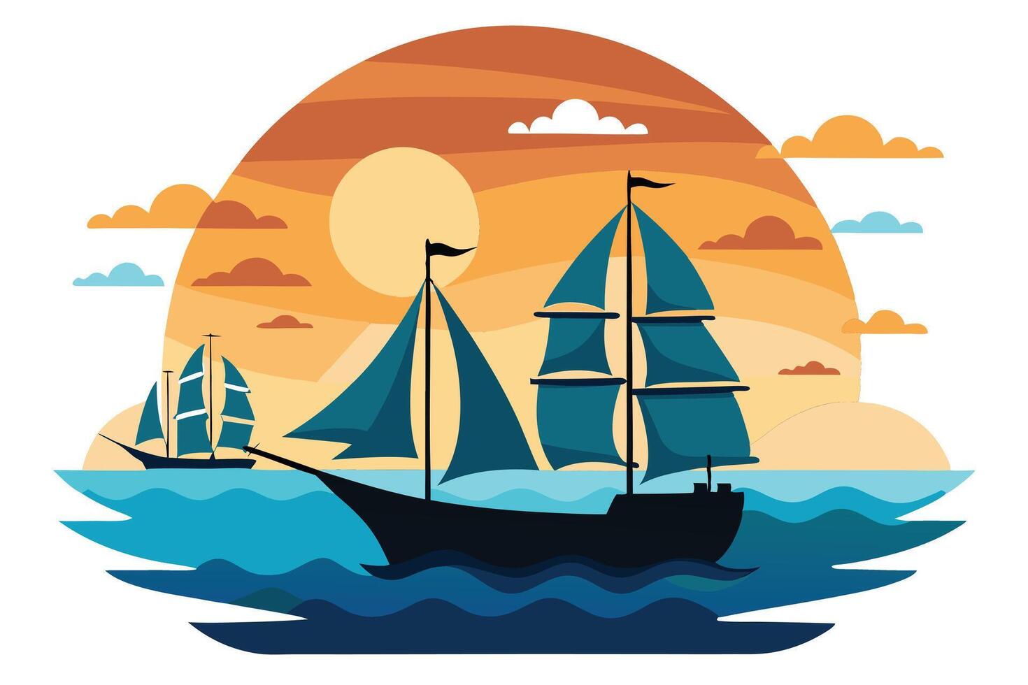 Sailing Ships at Sunset, Ocean with Horizon, Decorative Sea vector