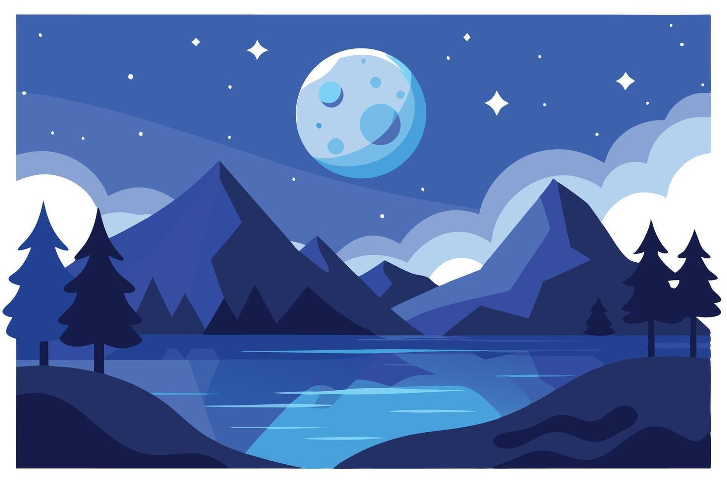 Serene Night Lake Flat Design with Blue Mountains, Moon and Starry Sky vector