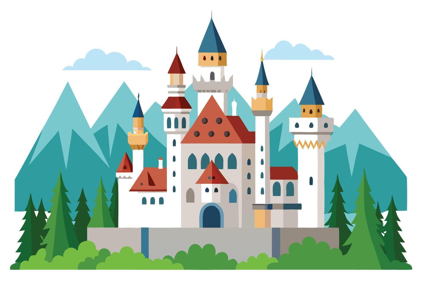 Fairytale Neuschwanstein Castle with Tower and Mountain in Flat Design on White vector