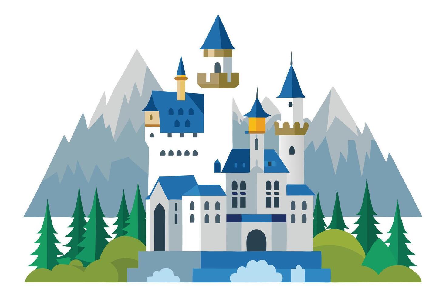 Neuschwanstein Style Castle with Tower, Spire, Mountain, and Green Fir Trees vector