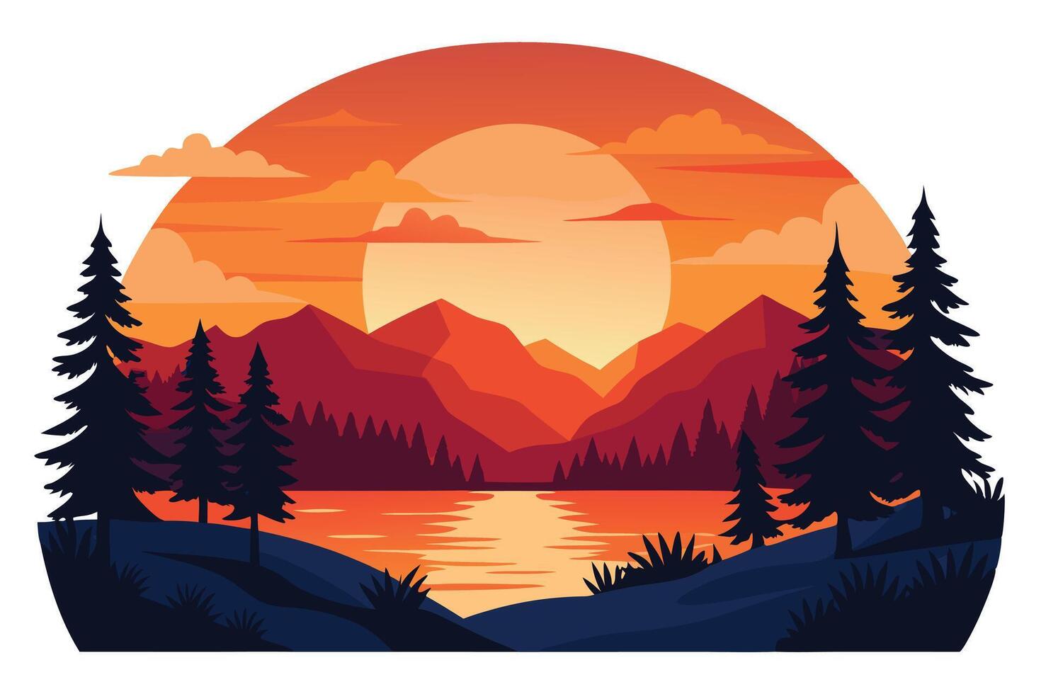 Minimalist Mountain Lake Landscape with Pine Trees, Sunset Sky in Red and Orange Tones vector