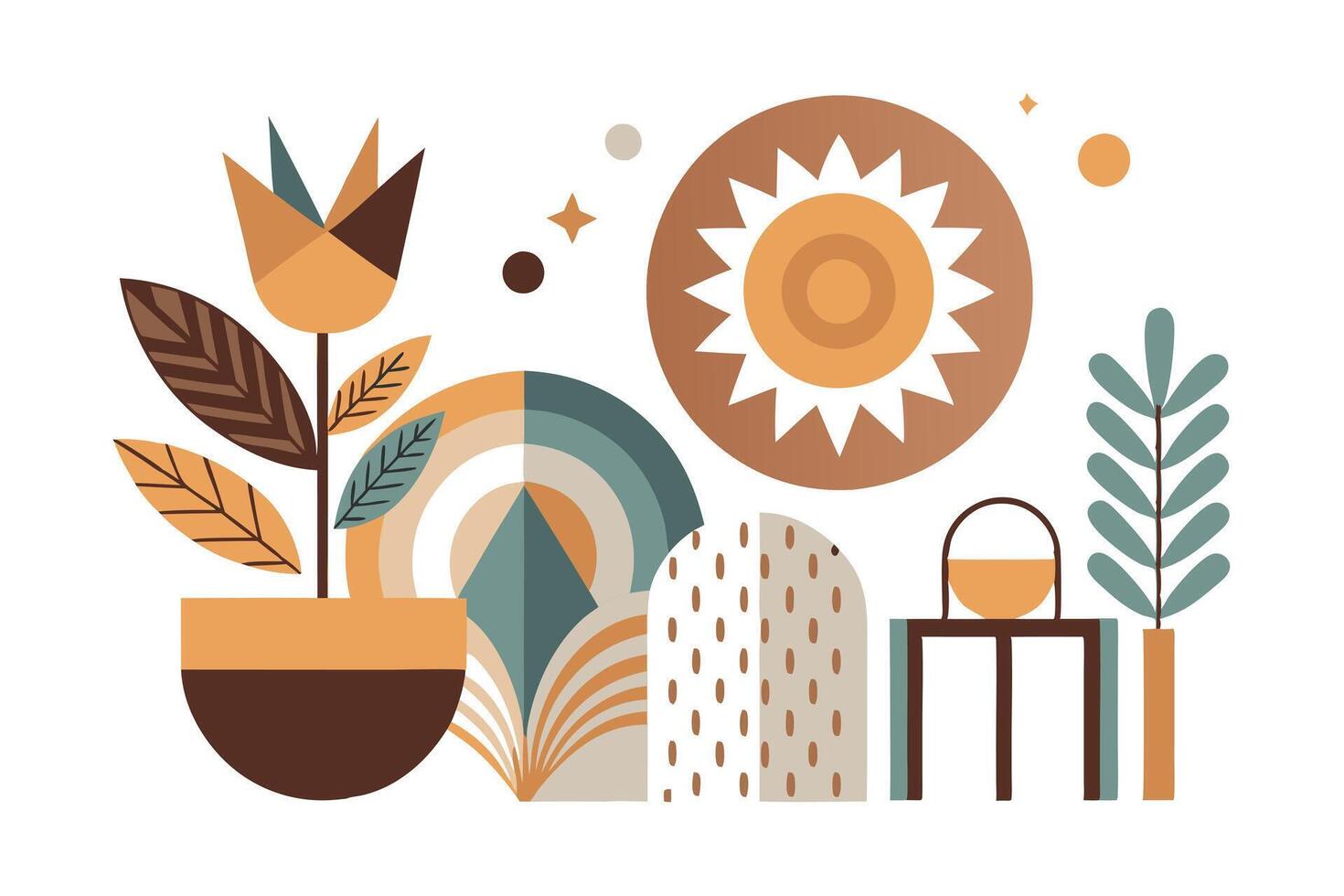 Geometric Floral Still Life with Sun, Rainbow, and Pot Plants on White vector