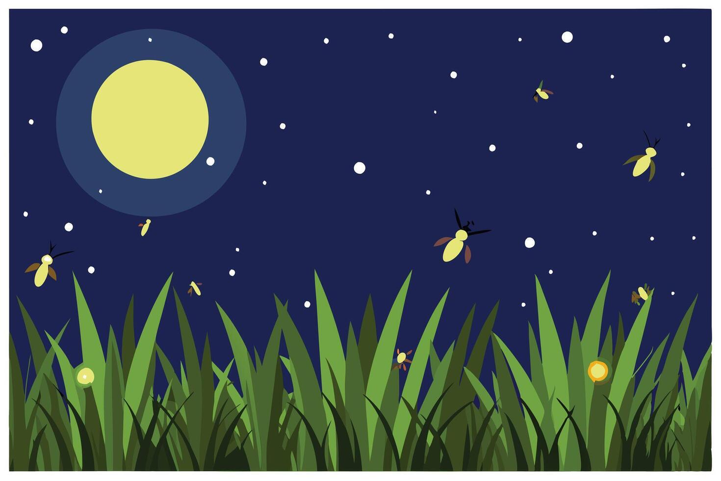 Cartoon Fireflies Flying Over Green Grass With Moon And Stars At Night vector