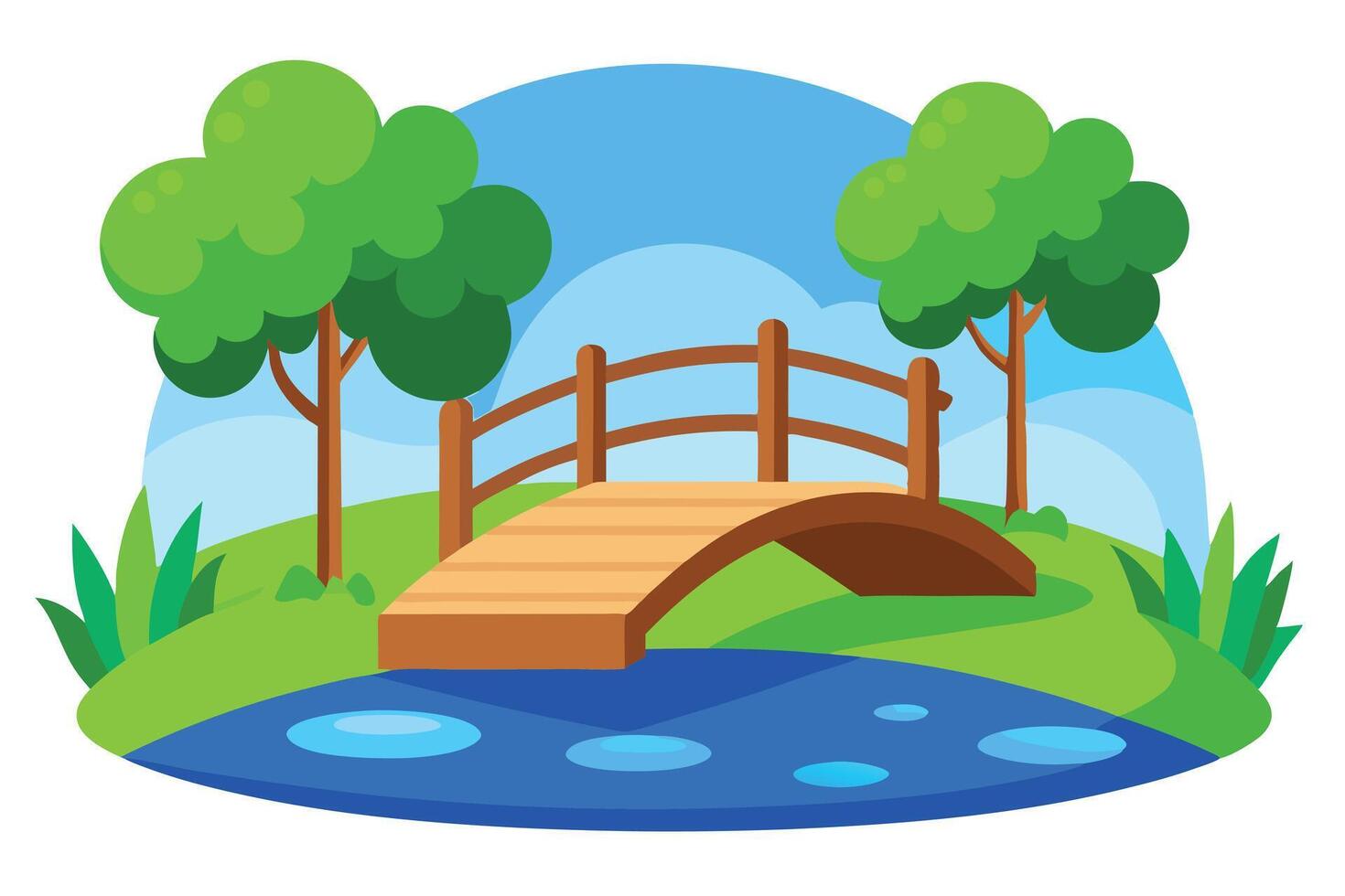 Landscape with Wooden Bridge, Green Trees, and Blue Pond in Flat Style vector