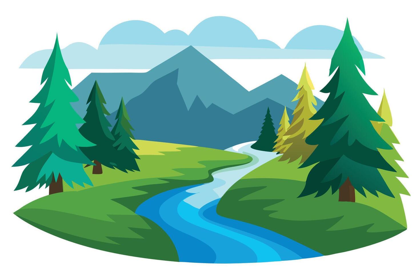 Mountain Landscape with River, Clouds, and Evergreen Trees vector