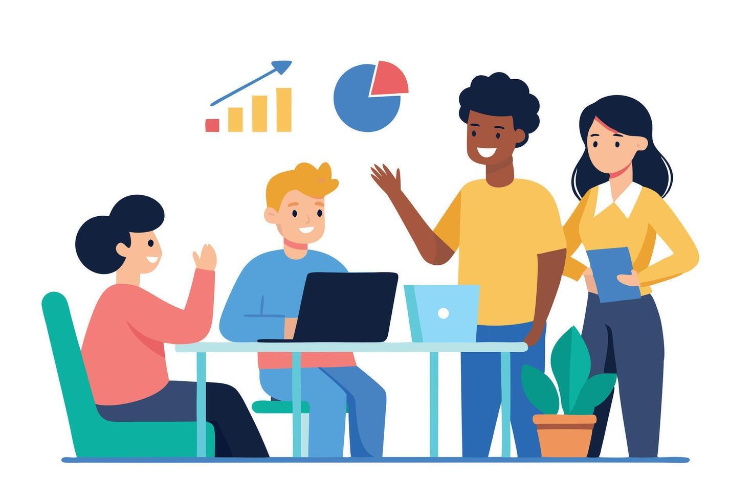 Diverse Team People, Table, Laptop, Plant Pot on White Background vector