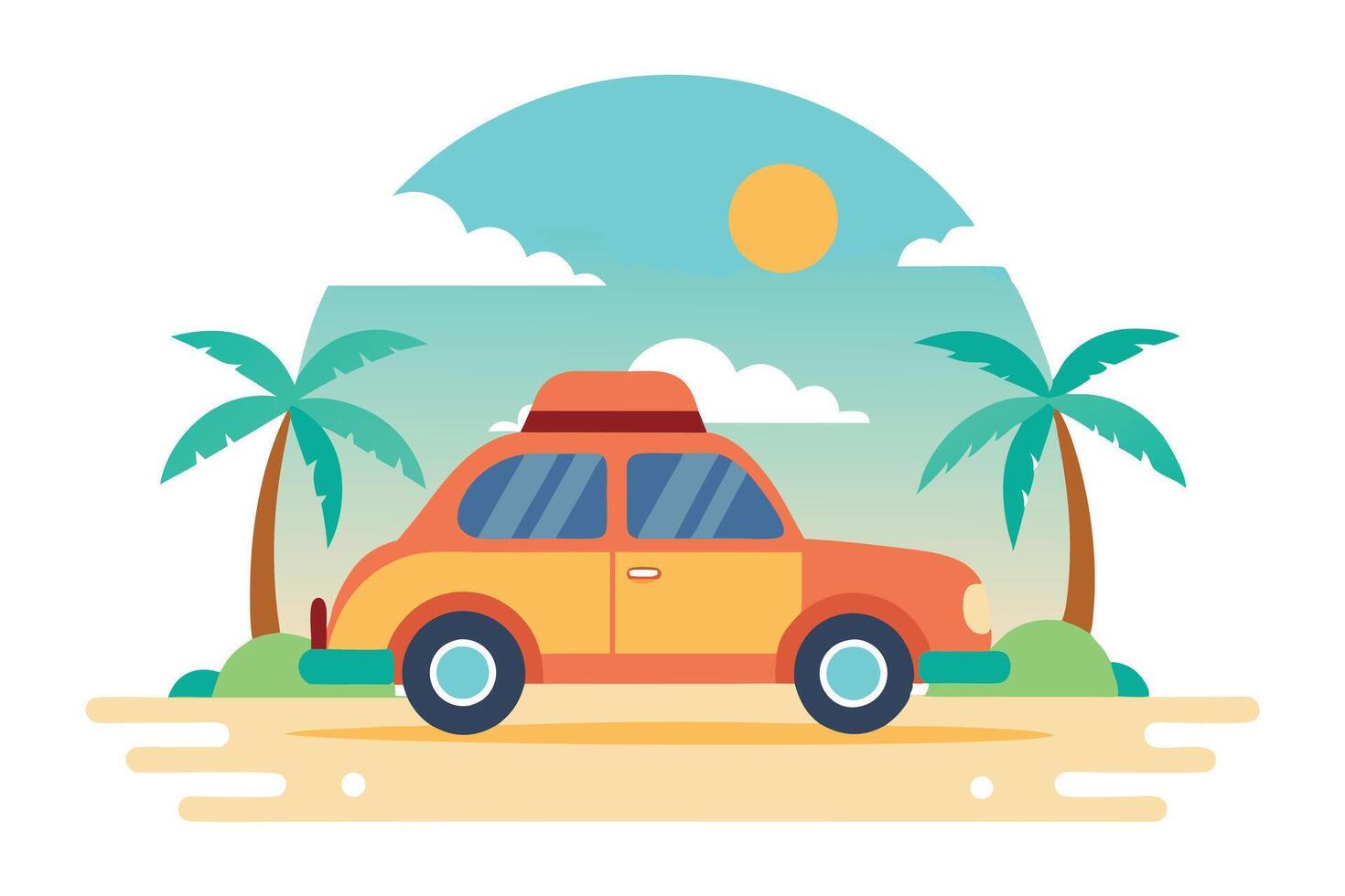 Flat Icon Beach Scene, Classic Car, Palm Trees, Sun, Sky, Ocean and Island Sand vector
