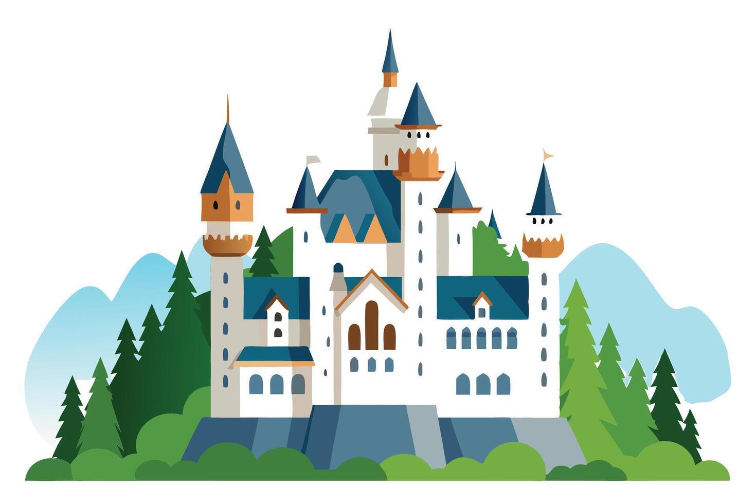Flat of Neuschwanstein Castle with Trees and Mountains vector