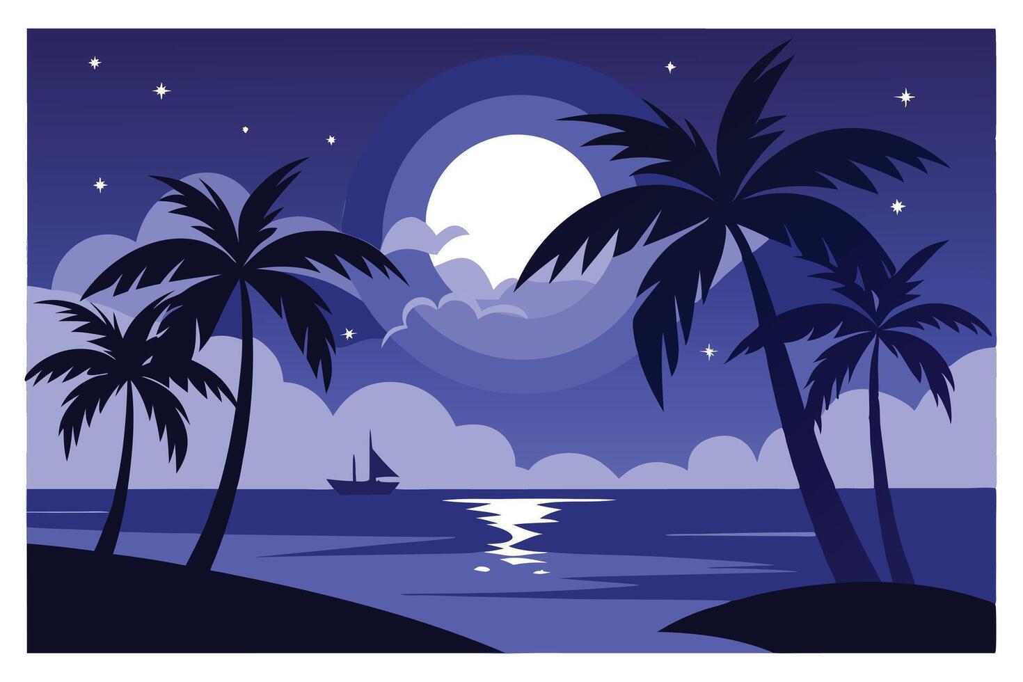 Dark Blue Night Seascape with Silhouetted Palm Trees, Moon, Stars, and Sailboat vector