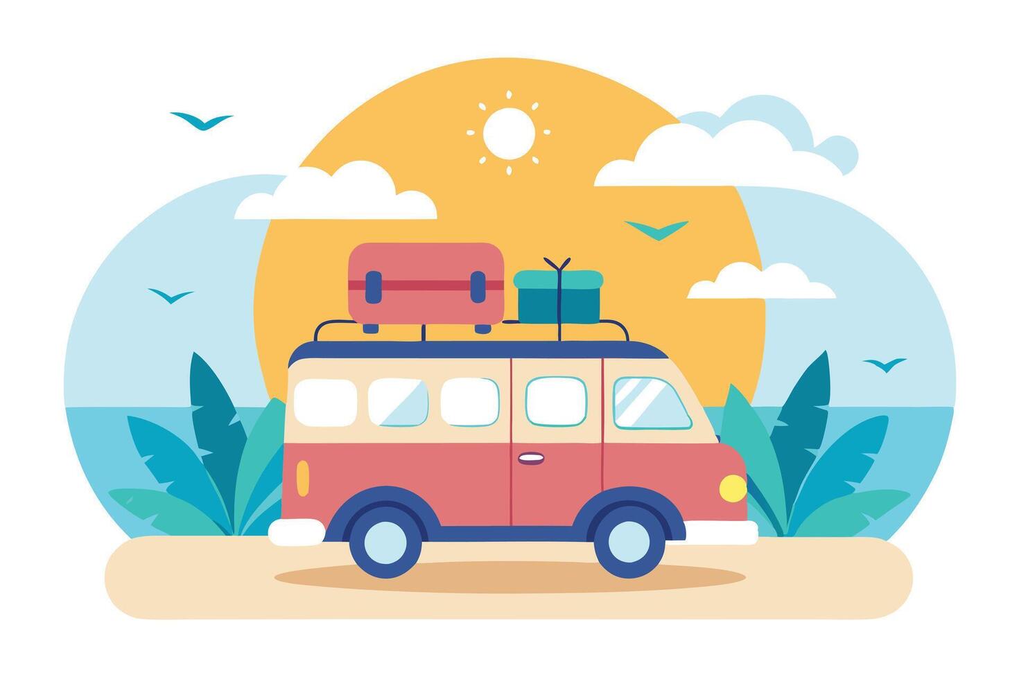 Retro Styled Camper Van with Luggage, Sun, Sea, and Tropical Plants on Isolated vector