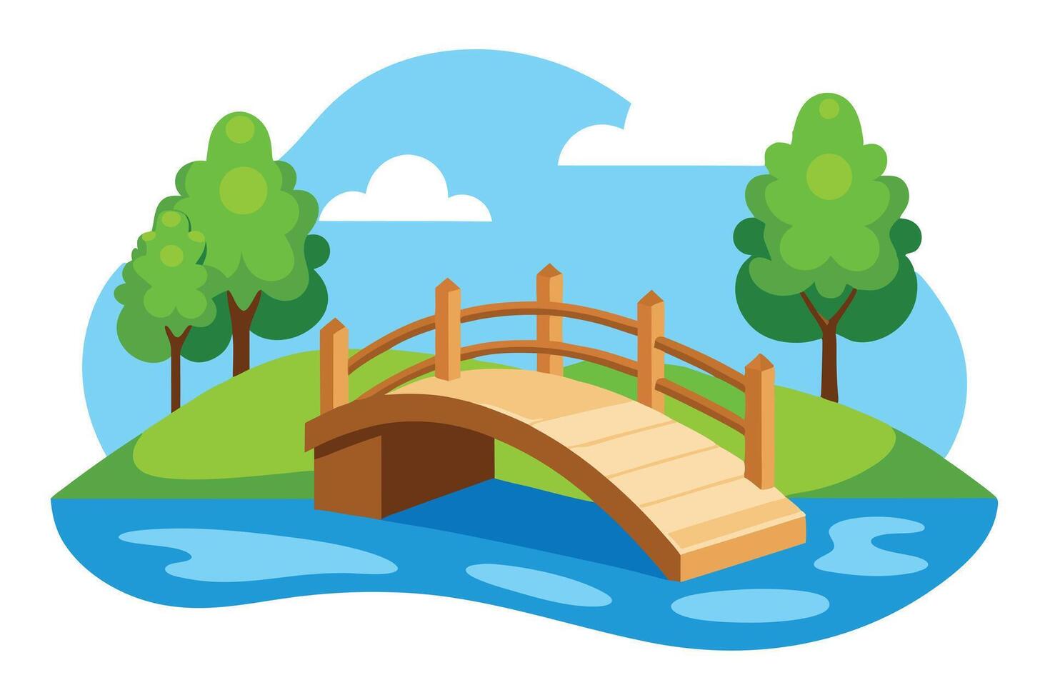 Cartoon Bridge Over River with Trees, Sky, Clouds, Nature, and Outdoor Views vector