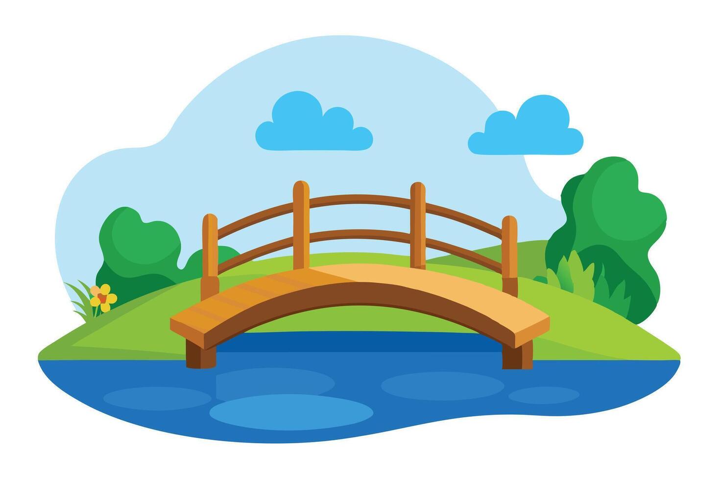 Cute Wooden Bridge Landscape, Green Hills, Blue Water, vector