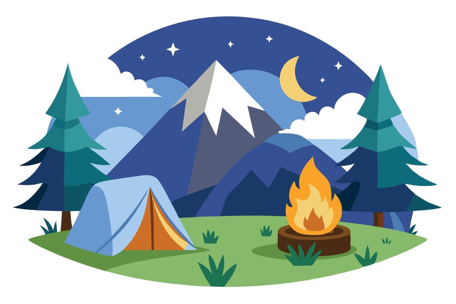 Mountain Camping with Tent, Bonfire, Pine Trees, Night Sky Flat vector