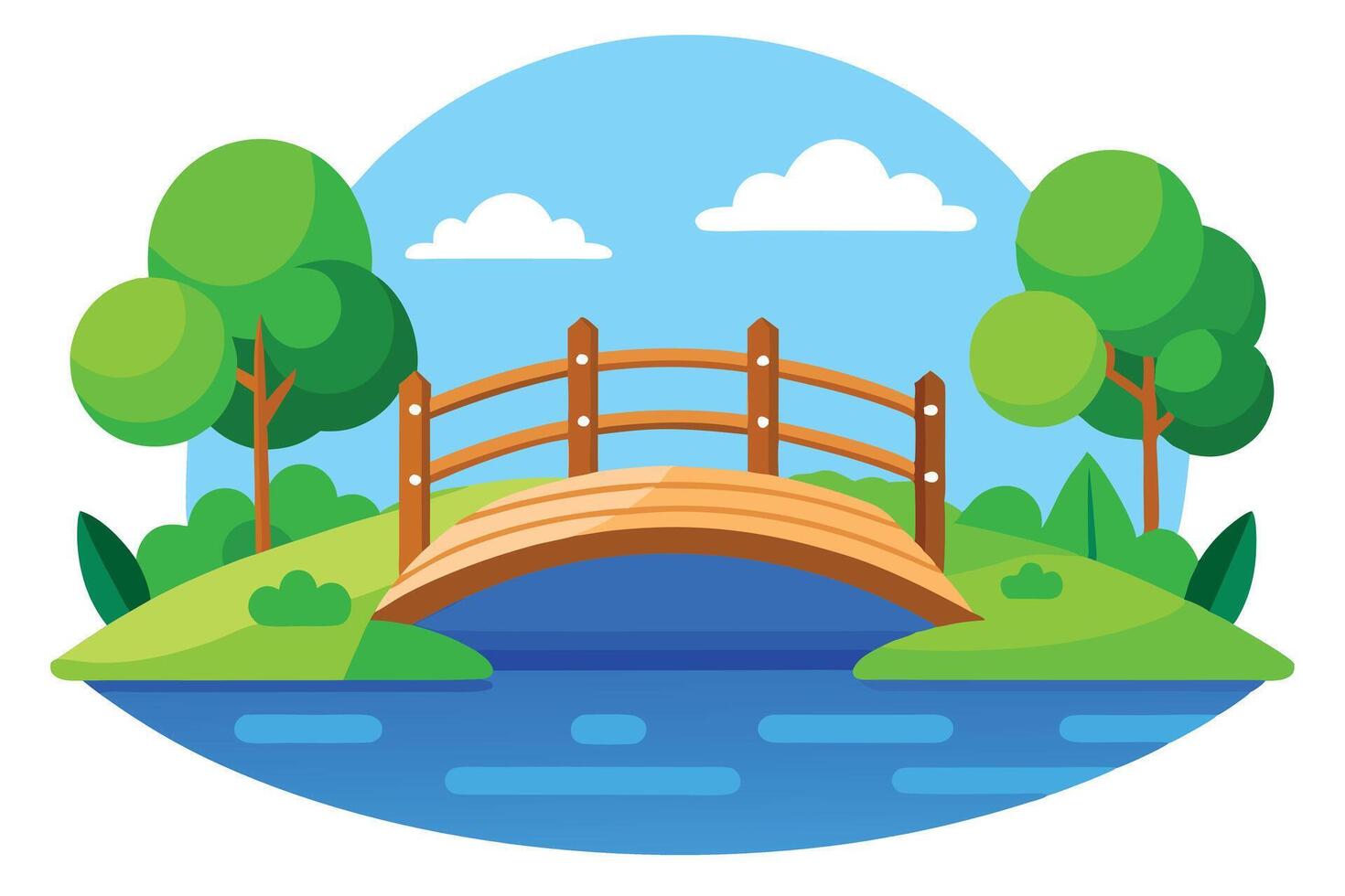 Charming Landscape with Rounded Trees, Blue Sky, Clouds and Wooden Bridge Over River vector