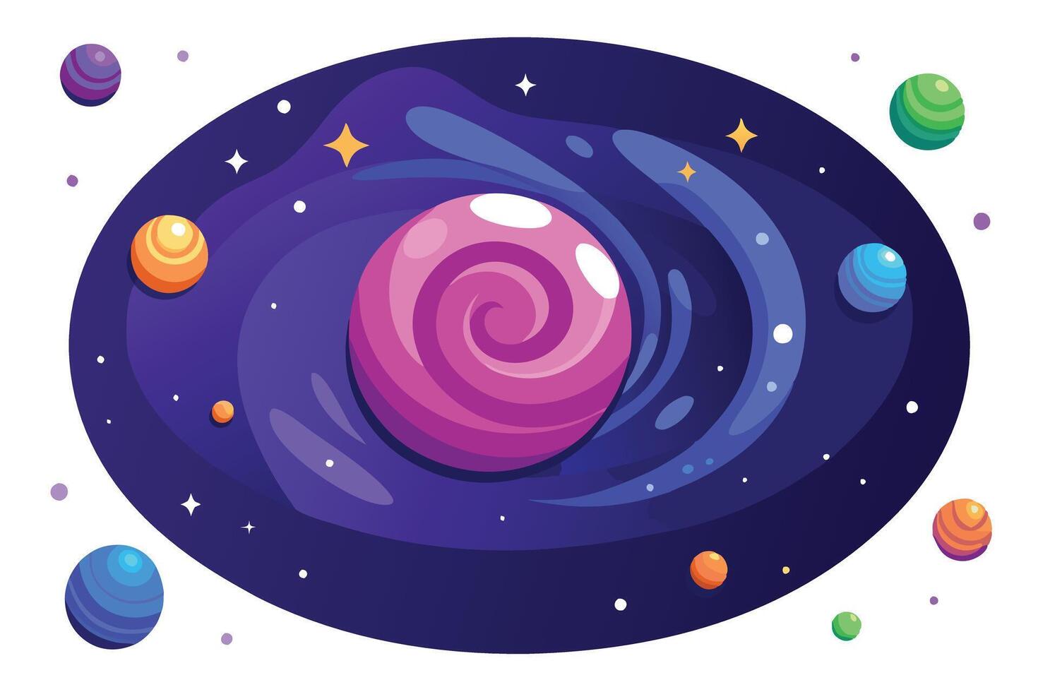 Colorful Cartoon Planets with Pink Swirls and Glowing Stars in Outer Space vector