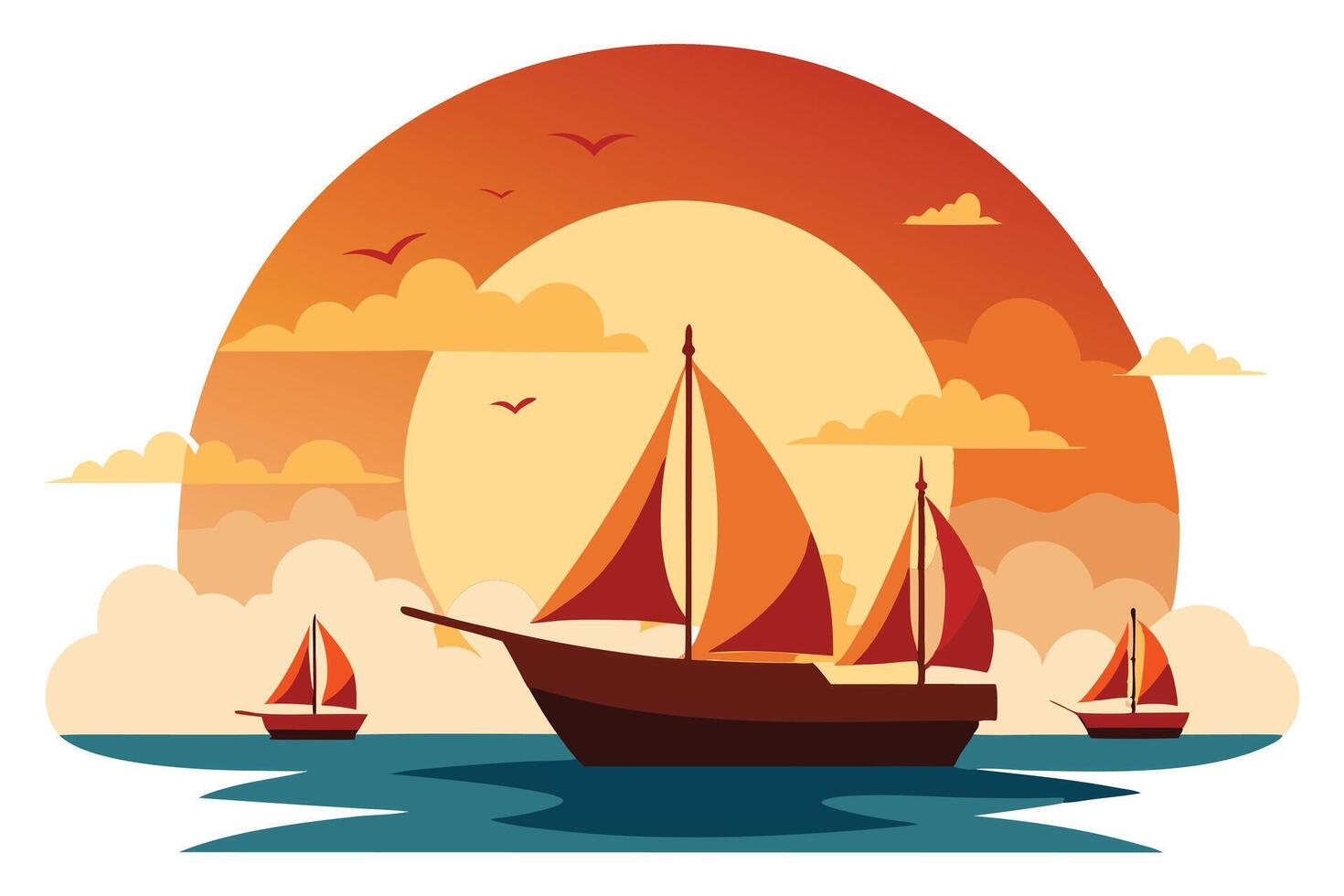 Sea with Sailboats Sailing Against Sunset, Landscape, White Background vector