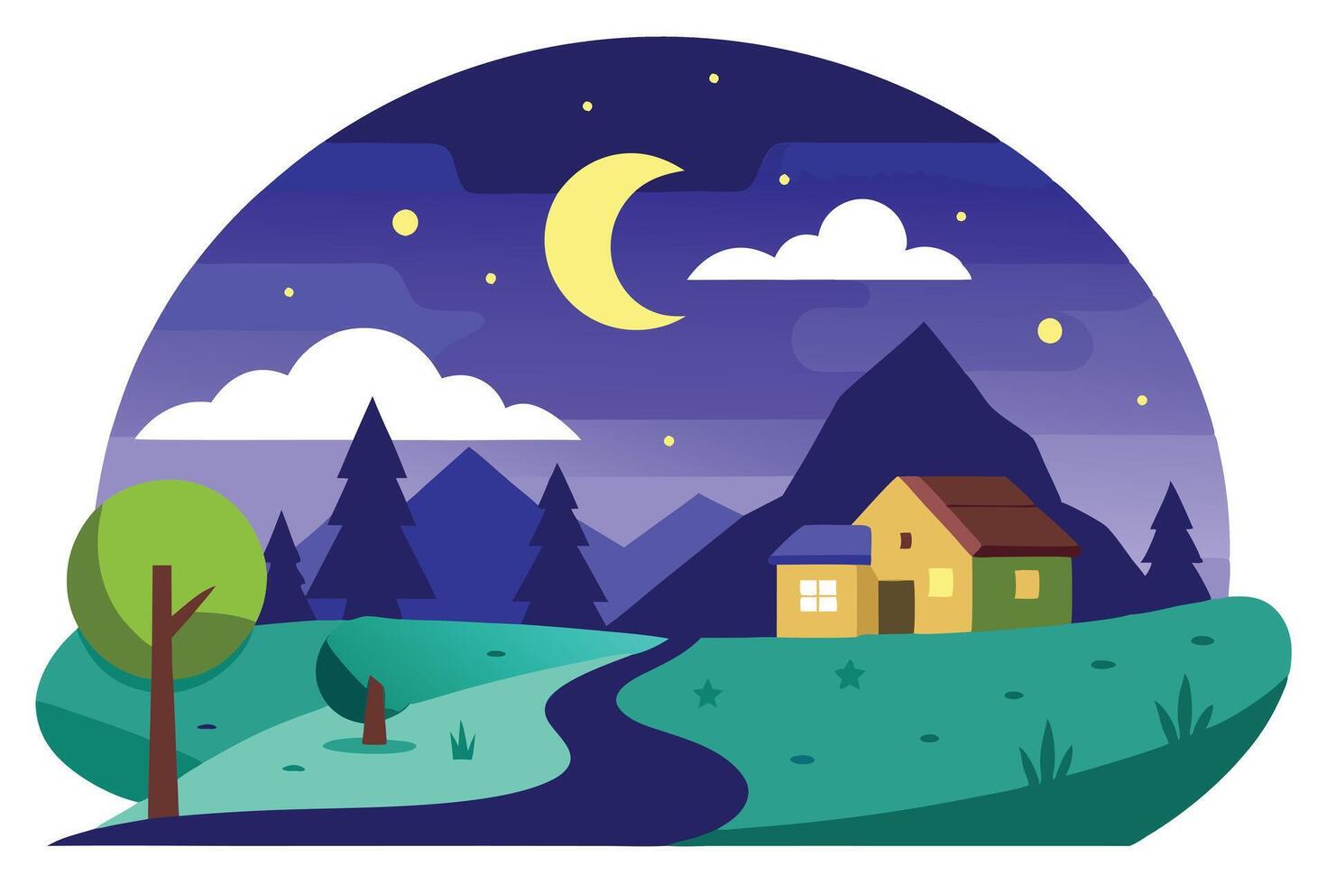 Whimsical Landscape with Crescent Moon, Cottage, River, Trees and Mountains vector