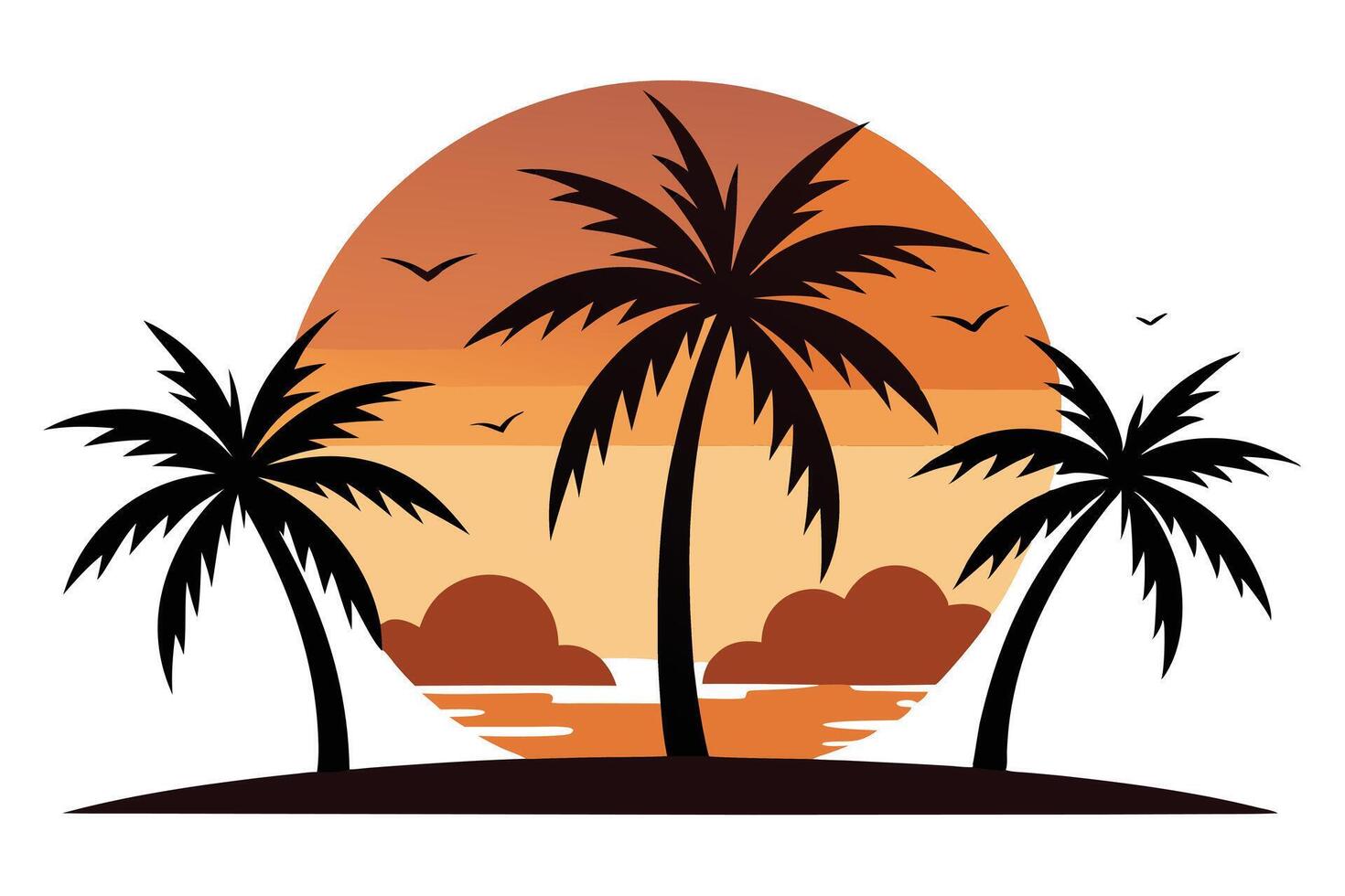 Tropical Sunset Palm Trees Silhouette Birds Flying Against Gradient Circle vector