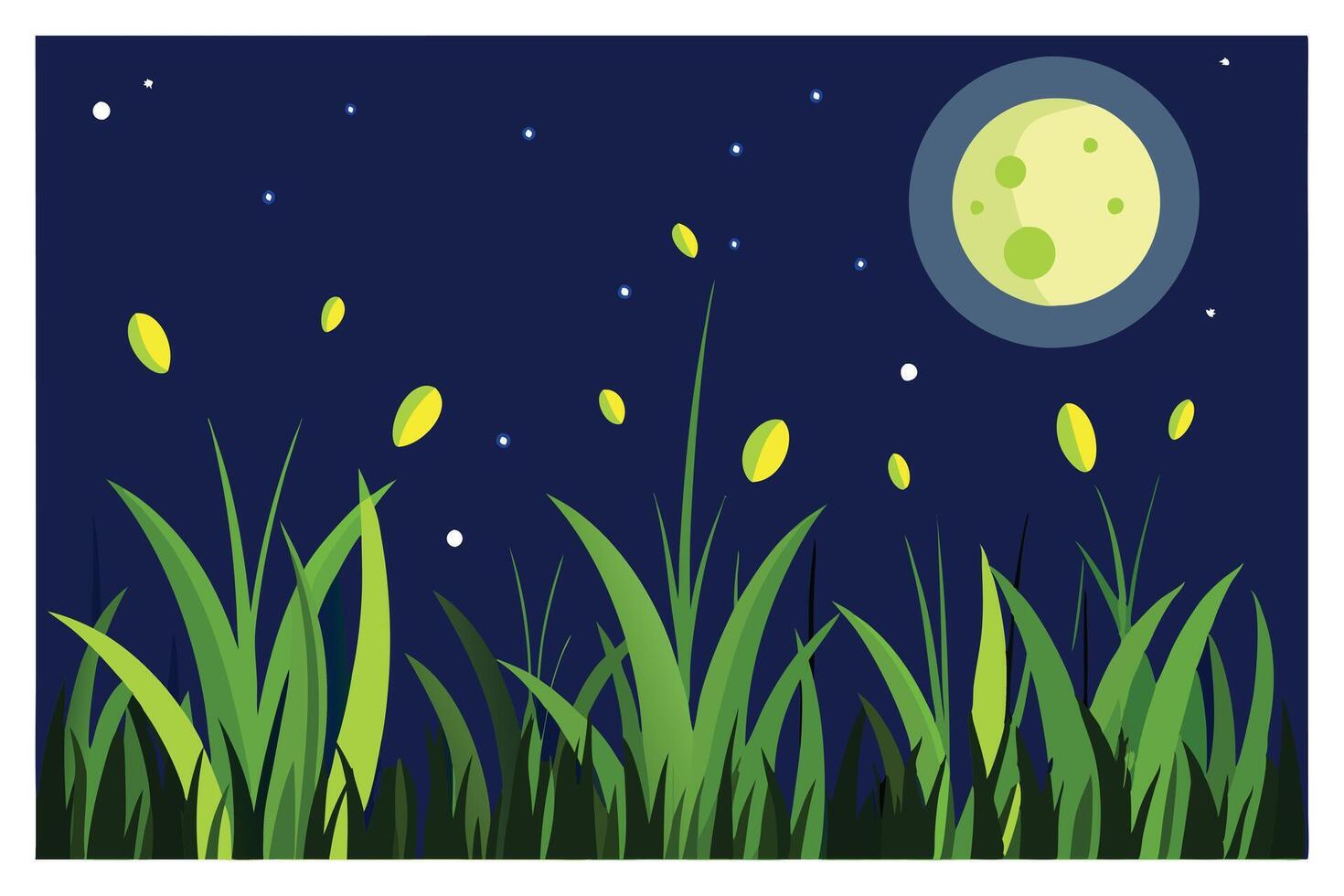 Moonlit Night Cartoon, Grass, Stars, and Fireflies Floating on a Dark Blue Sky vector